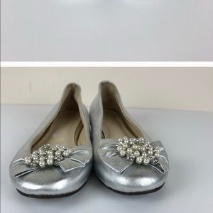 Tory Burch Silver Rhinestone Pearl Bow Flats